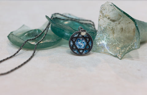 Silver 925 David star pendant roman glass
