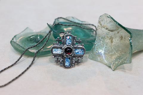 Silver 925 Jerusalem cross pendant roman glass and granite stone