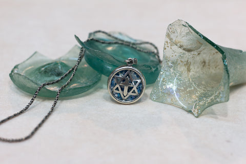 Silver 925 cross and David star pendant roman glass