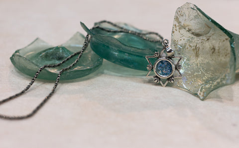 Silver 925 David star pendant roman glass