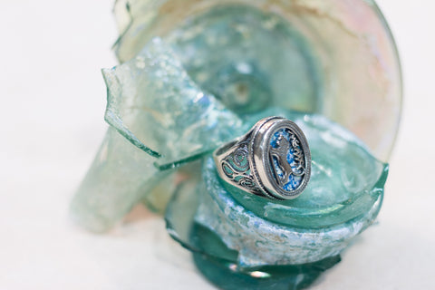 Silver 925 roman glass Lion of Judah Ring