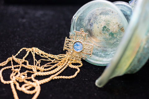 Roman glass Gold plated pendant Jerusalem cross.